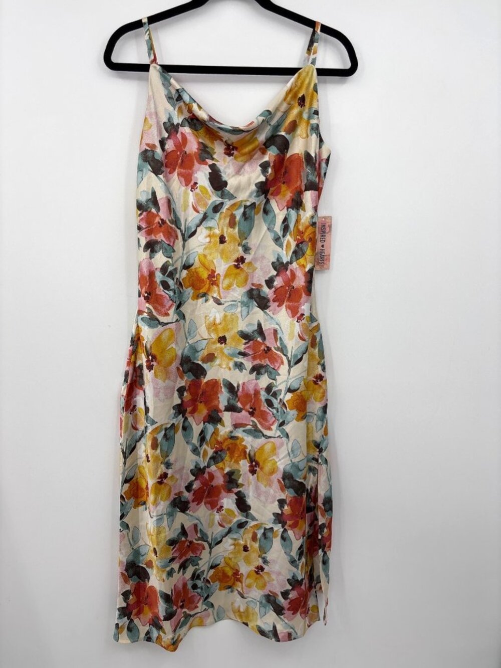 Inspired Hearts Spaghetti Strap Floral Midi Satin Cowl Neck Dress Size Large NEW - Picture 2 of 7